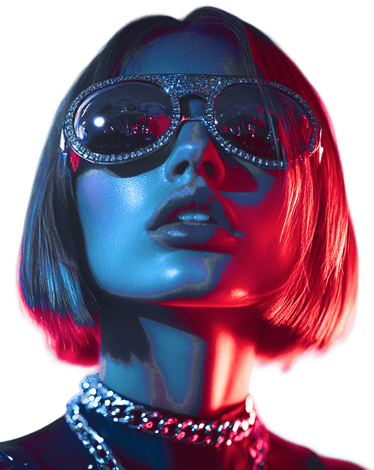 A stylized portrait of a young women with short hair, wearing sunglasses, illuminated by vibrant blue and pink lights.